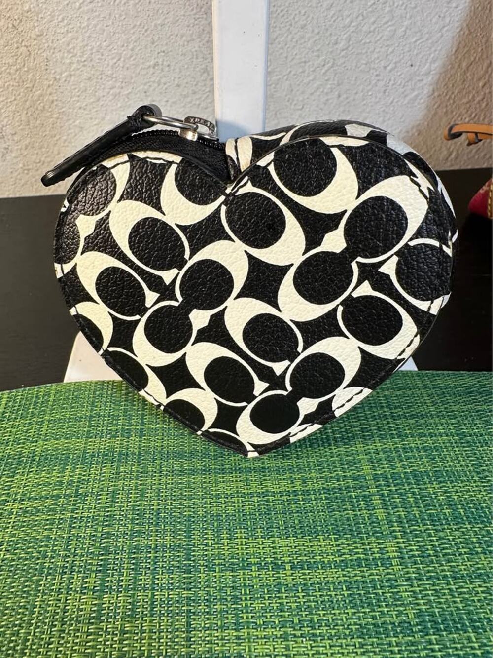 Coach Signature C Heart Coin Purse - Black and White
